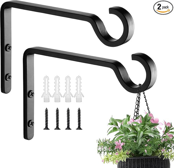 Monarch Abode Plant Hangers – Wall Mount Plant Hooks for Hanging Baskets, 6 Inch Metal Black Fence Wall Plants Hanger for Outdoor Indoor, Flower Pot, Bird Feeder, Wind Chime Bracket, 2 Pack