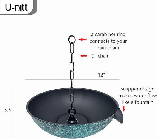 U-nitt 12" Spill Bowl Downspout Catch Basin for Rain Chain Anchoring & Stake | Rainwater Collection for Roof |Gutter Catch Basin | Good for Water Fountain & Birdbath | Black | Handles Heavy Rain