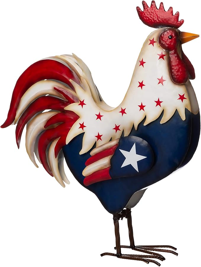 Glitzhome Metal Patriotic Rooster Statue, Rustic Yard Signs Porch Decor 21" H Garden Rooster Sculpture for 4th of July Independence Day USA Home Decor