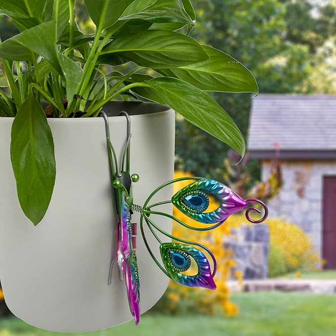 Metal Butterfly Flower Pot Huggers Dreamy Butterflies Planter Hanging Figurines with Color Beads Fill the Body 3.5 Inch Iron Insect Garden Art Sculptures Statues Hanger Ornaments for Yard Fence (A)