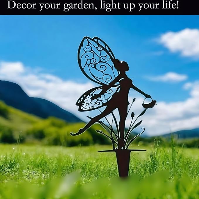 Decorative Garden Stakes, Fairy Garden Stakes, Butterfly Fairy Stakes for Weather Resistant Black Metal Outdoor Decorative Art for Women Gift (Matte Black, 3P-A)