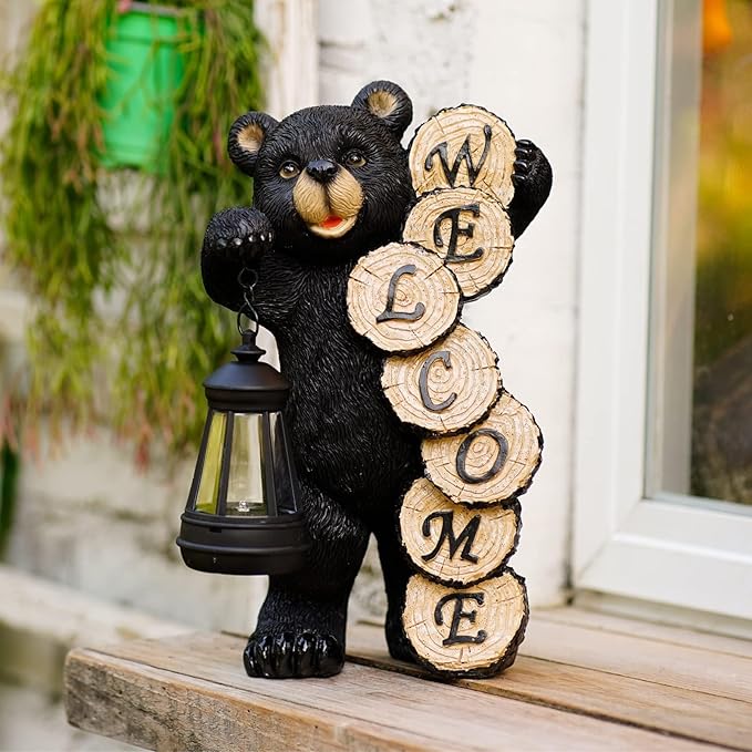 Qeeman Solar Bear Garden Statue: Weatherproof Resin Figurine with Warm Glow Lantern - Outdoor Decor for Yard Pathway Patio Porch Balcony - Gifts for Mom Grandma Bear Lovers