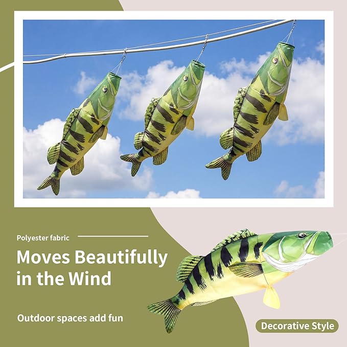 Newwiee 1 Pcs 45" Realistic Fish Windsock, Heavy Duty Fade Resistant Outdoor Hanging Flag with Swivel Clip for Boat, Dock, Lake House, Patio and Yard Decor (Bass)