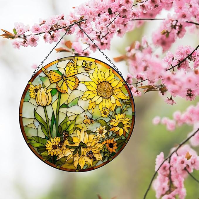 Stained Glass Window Hanging, Sunflower Floral Suncatcher for Window Doors Garden Home Decoration, Spring Colorful Glass Panel Ornaments for Women,Men,Wife, Lovers, and Mom 7.8x7.8 in