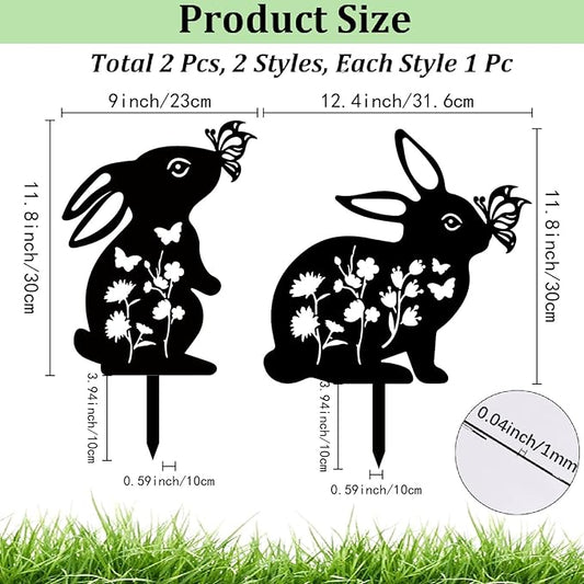 CREATCABIN 2Pcs Rabbit Metal Decor for Outside Black Rabbit Stake Rabbit Garden Decor Art Bunny Silhouette Statues Garden Decorative Ground Insert Lawn Ornaments for Outside Outdoor 9/12.4x11.8Inch