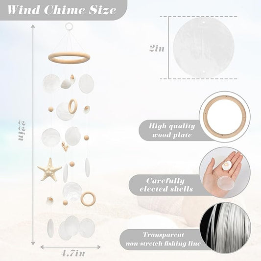 Sea Shells Wind Chimes - Handcrafted White Capiz Shells Windchime with Starfish, Coastal Style Decor for Indoor/Outdoors, Garden Decor, Great Gift for Women, Wind Chimes Lovers and More