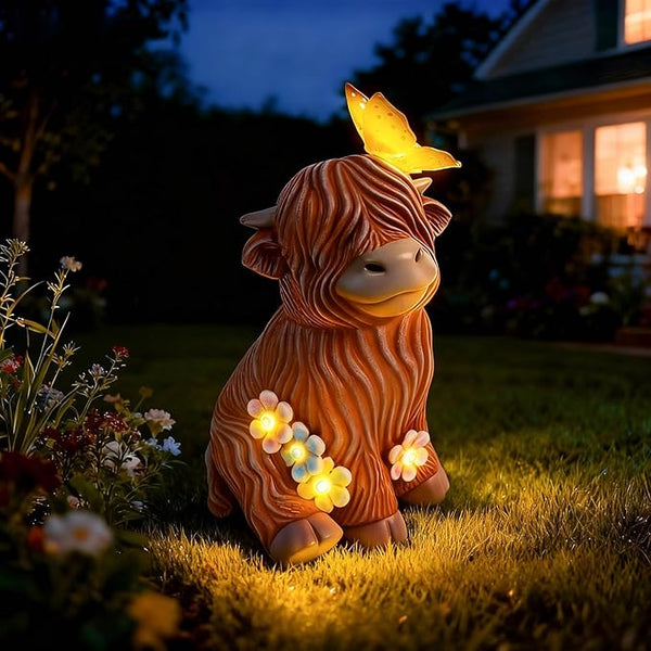 Highland Cow Garden Statue with Butterfly - Outdoor Decor for Yard, Patio & Lawn - Cute Cattle Figurine, Whimsical Backyard Ornament & Art, Unique Gifts for Grandma, Mom & Cow Lovers