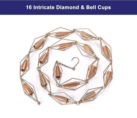 8.5 Feet Diamond & Bell Rain Chain for Outsides, Rain Catch Chains for Gutters Downspouts, Copper Patina Finish Iron