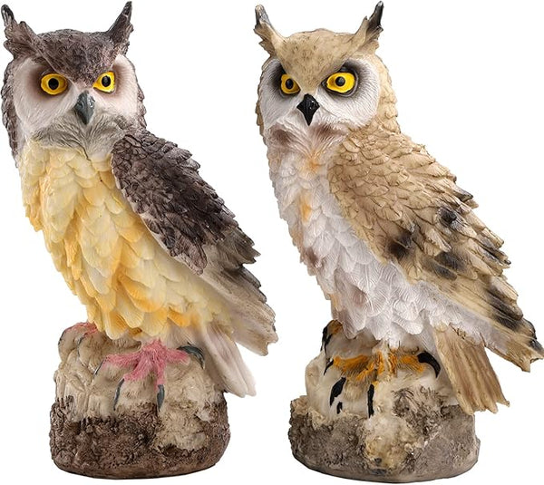 DEAYOU 2 Pack Fake Horned Owl Statues, 7" Tall Small Resin Owl Sculpture, Artificial Owl Figurines for Garden, Vivid Faux Outdoor Owls for Ornament, Yard, Indoor Decor, Home (White, Black)