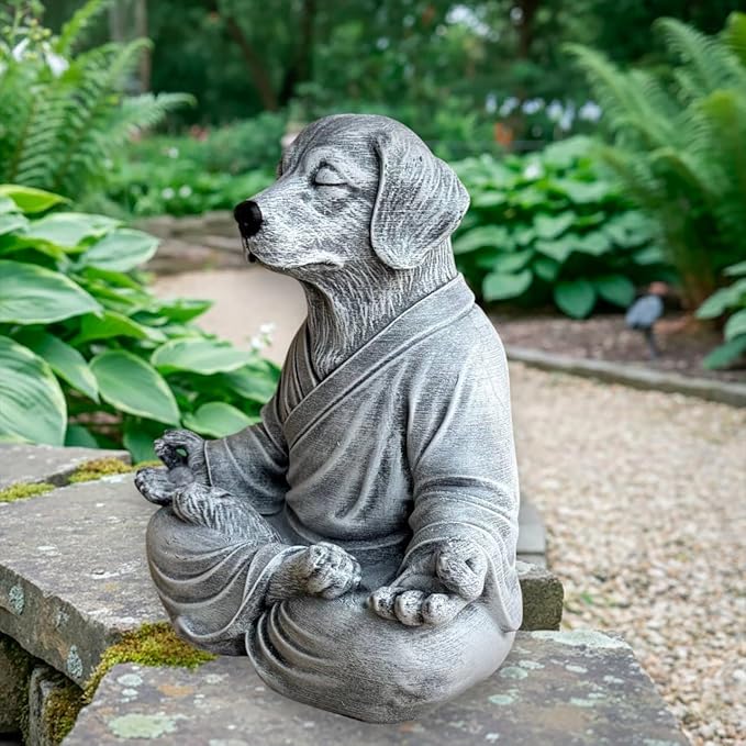 OLOMA Zen Garden Dog Sculpture Concrete Stone Statue Heavy Protective Resin Coating Weather Resistant Outdoor Indoor Patio Accent Display Feature Decorative Garden Accent Feature
