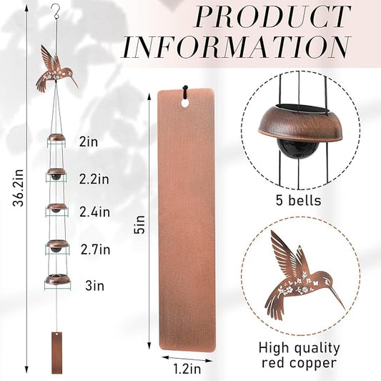 Geelin Hummingbird Wind Chimes for Outside Memorial Gift for Mom Women Grandma, 36" Copper Metal Wind Chime for Garden Front Yard Patio Decor, Sympathy Memorial Housewarming Gifts