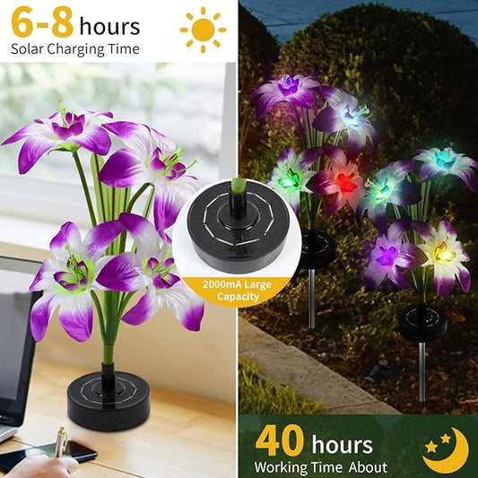 Solar Flowers Lights - Solar Garden Lights Outdoor Waterproof Lily Flower, 40 Hours Color Changing Solar Powered Outside Decor Decoration for Yard Patio Pathway Lawn, Gifts for Mom, 2pcs