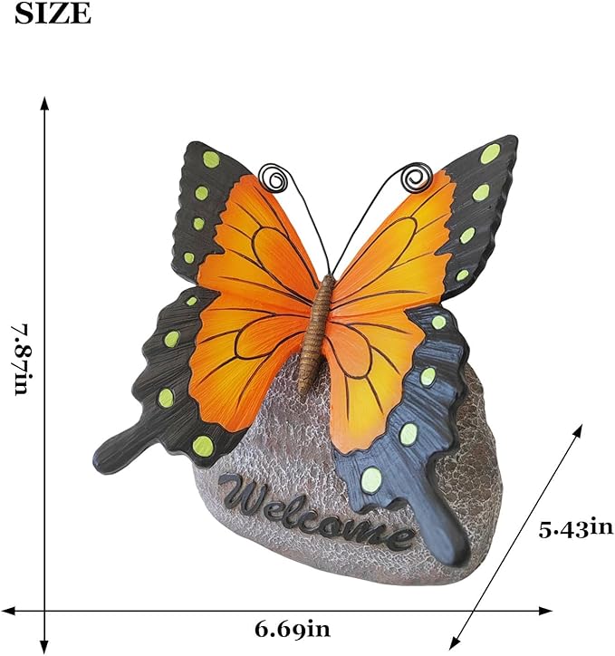 Garden Butterfly Statue Outdoor, Butterfly Figurine with Solar Powered LED Light, Waterproof Lawn Ornaments Statuary Decoration, Welcome Animal Outdoor Decor Light for Patio Balcony Yard (Black)