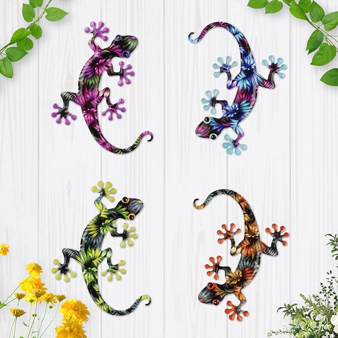 4 Pcs Metal Gecko Wall Art Outdoor Decor Metal Lizards Wall Decor Lizard 8.7 * 11.8 Inch Suitable for Hanging in Yard Garden Patio Fence Home, Idea Gifts for Mom Father Friends