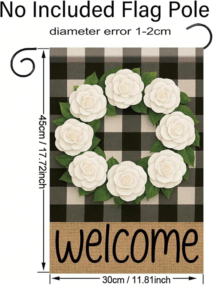 Buffalo Plaid Welcome Wreath Garden Flag White Camellia Flower Flag 12x 18 Inch Double Sided Spring Outdoor Fall Autumn Farmhouse Outdoor Small Decor for Porch Lawn Patio Yard