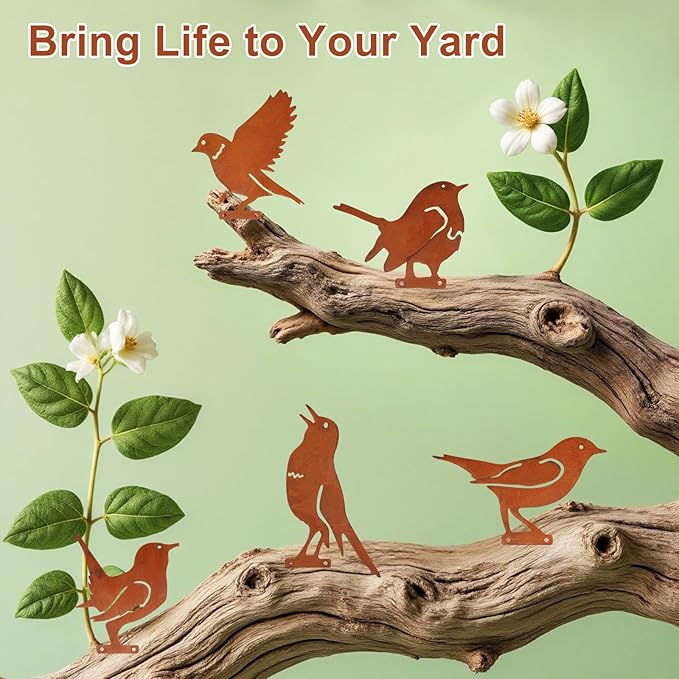5PCS Metal Birds Fence Decoration, Outdoor Rusty Birds Garden Sculptures and Yard Art, Craft Statue Ornaments Rustic Farmhouse Garden Decor (Style 1)