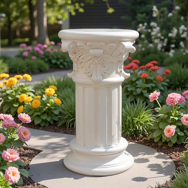 English Rosette Indoor Outdoor Sculptural Garden Plinth Base Statue Riser, Weatherproof Sturdiness Plinth Base Statue Riser for Statues, Flower Pots, Decor, Cast Stone Resin, Antique Stone Finish (D-)