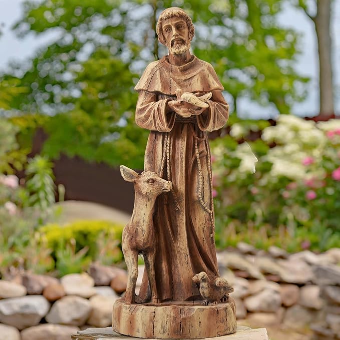 YOLENY St Francis of Assisi Statue Outdoor with Bird Feeder, 25" H Saint Francis Garden Statue All-Weather, Religious Sculpture Decor for Patio Lawns