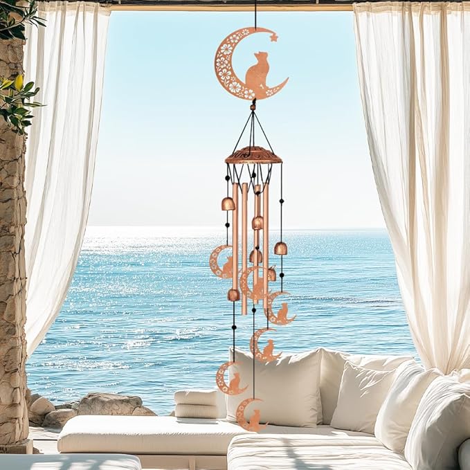Wind Chimes for Outside, Melodious Melodic Tones Moon Cat Decoration Windchimes Suitable for Outdoor Garden Patio Porch Decor, 33“ Metal Memorial Wind Chimes Friendship Gifts for Women