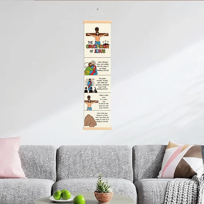 Easter Story Banner, Crucifixion of Jesus Banner, Sunday School Supplies, Canvas Wall Hanging Poster, Religious Artwork, Family Hanging of Scripture and Words Decorations 09