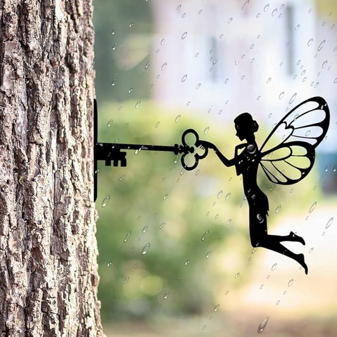 SBOMB Black Iron Art Decorative Metal Crafts, Sitting Fairy Silhouette Garden Statues Outdoor Art Statue for Patio Yard Lawn Tree Wall Deco (Fairy Key)