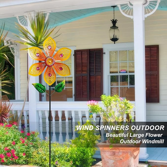 Metal Wind Spinners for Garden Decor Outdoor Windmill Sculptures, Durable Yard Art Wind Spinners Metal Wind Spinner for Patio Lawn Ornament (Bright Orange Flowers)