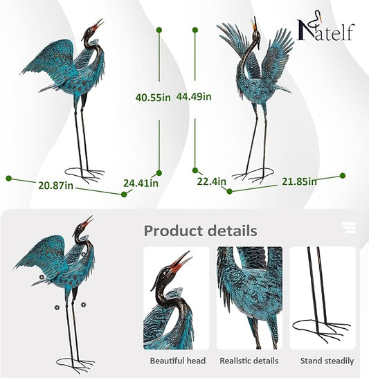 Natelf Garden Crane Sculptures & Statues, Blue Heron Decor Outdoor Large Bird Yard Art, Standing Metal Herons Lawn Ornaments for Home Patio Porch Backyard Decorations(Set of 2)