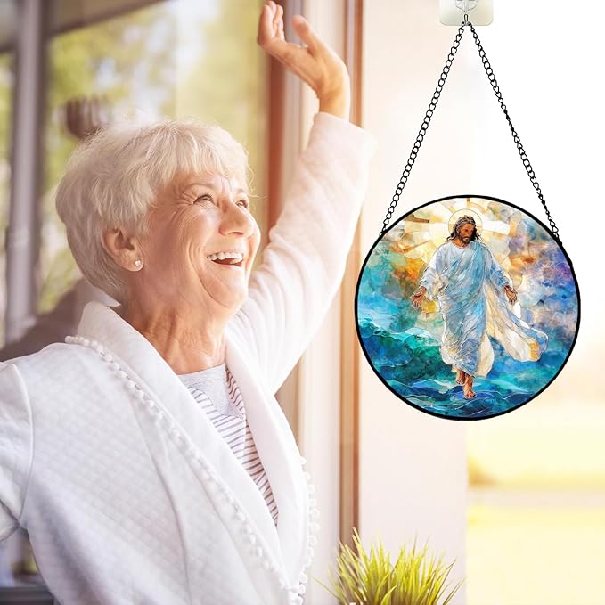 7.88'' Jesus Stained Glass Window Hanging,Christian Jesus Suncatchers Stained Glass Hanging with Hook Chain for Window, Sun Catchers Home Decor for Mother's Day Birthday for Women, Men, Wife, Mom