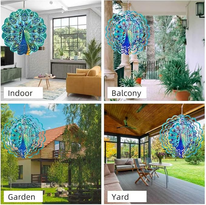 Metal Wind Spinners Outdoor Hanging Wind Spinner for Yard and Garden Decor for Outside,12In 3D Stainless Steel Peacock Wind Chime Christmas of Gifts for Women Mom