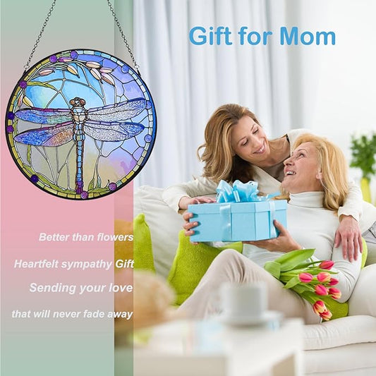 12 Inch Stained Glass Window Hanging, Large Dragonfly Suncatcher, Stained Glass Window Suncatcher, Dragonfly Home Wall Art Decor for Indoor/Outdoor, Hand Colorful Panel Sun Catcher, Gift for Mom