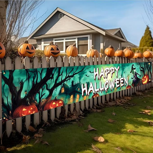 Happy Halloween Banner Large 120 x20 Inch Green Yard Sign Banner Flag Scary Halloween Party Hanging Decorations for Outdoor Fence Garage Garden Porch Holiday Backdrop Decor
