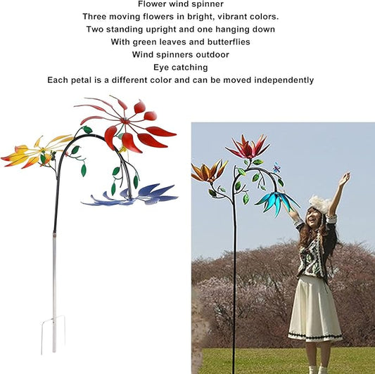 Diydeg Wind Spinner, Iron Three Moving Flowers Bright Colors Colorfast Garden Wind Spinner Rustproof Easy to Assemble Garden Windmill