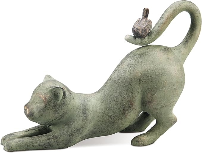 SPI Home 33431 Crouching Cat with Bird Sculpture