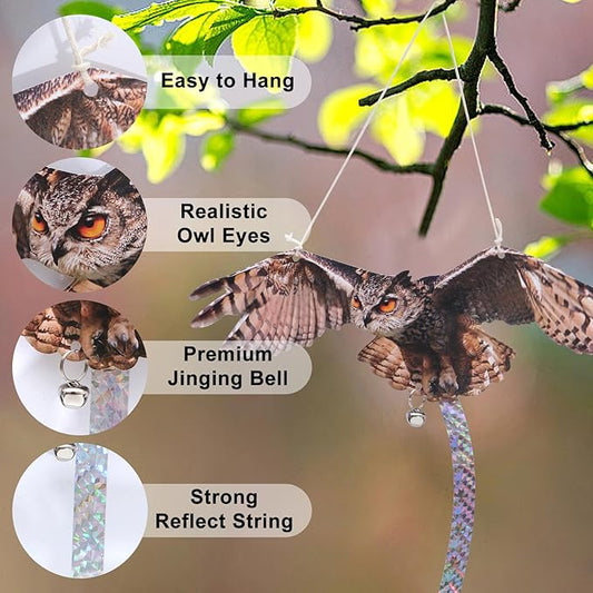 4Pack Fake Owls Double-Sided Owl Reflectors Fake Hawk, Reflective Hanging Owl Decoration, Flat Barn Swallow Deterrent Hawk with Reflective Tape for Indoor Outdoor Garden,Yard