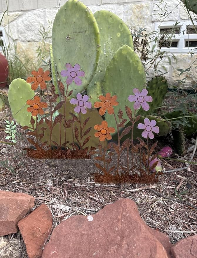 Rusty Metal Wild Flowers Garden Stakes 11.82 x 8.47 inches, Decorative Flowers Yard Stake Metal Art for Outdoor Garden Lawn Decor (Flower-F)