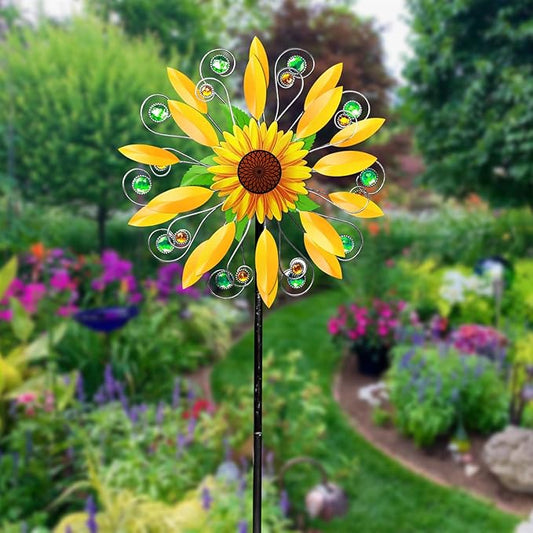 Sunflower Wind Spinner for Garden, Double Wind Sculpture Sunflower Wind Spinner for Garden Patio Yard Decor