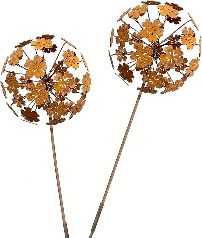 2 Pack Metal Flower Stakes for Outside, 3D Rusty Metal Plants Garden Statues Yard Art, Outdooor Decorative Garden Stake for Flower Bed Lawn Balcony Flower Pot (Style 2)