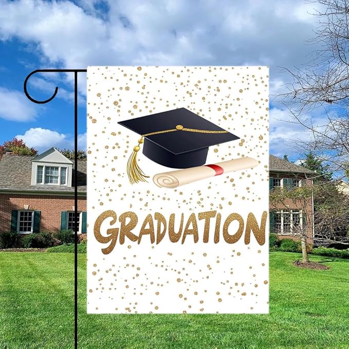 Gkyygk Graduation Welcome Garden Flag 12x18 Inch Double Sided Seasonal Yard Burlap Banners Outdoor Flag for Men Women