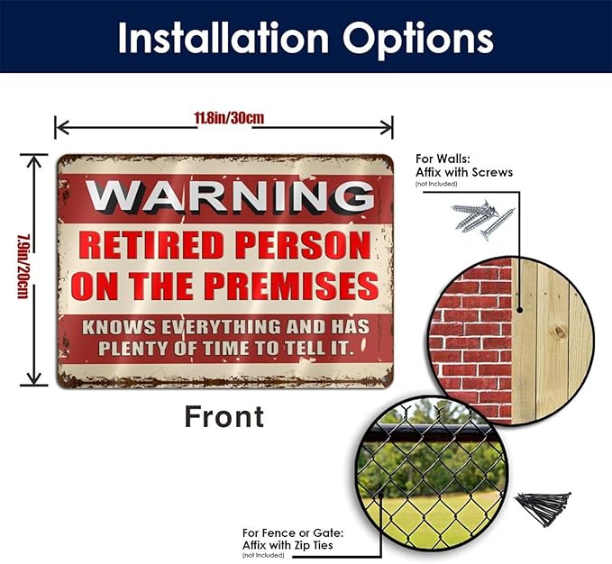 Retirement Gifts for Men/Women Metal Patio Signs Retirement Party Decorations - Warning Retired Person On Premises Knows Everything Sign - Funny Vintage Yard Door Decor 8 X 12 Inch