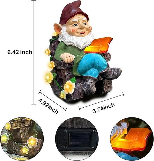 Solar Garden Gnome Statues Outdoor, Fairy Rocking Chair Gnomes Reading Book Succulents Figurines Lights Yard Art Sculpture Home Decor for Outside Patio Balcony Lawn, Unique Loved One Gifts for Mom