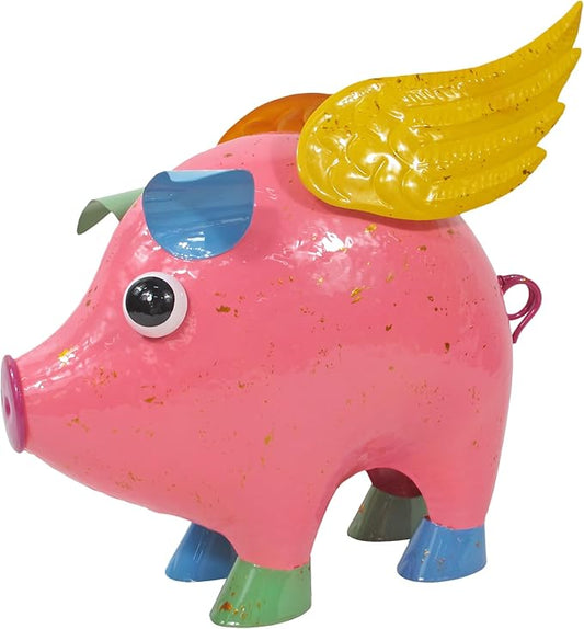 Colorful Enameled Metal Flying Pig Statue - Pink, Patio and Lawn Outdoor Garden Decor, Indoor Home Decoration, Yard Art, Farm Animal Sculpture