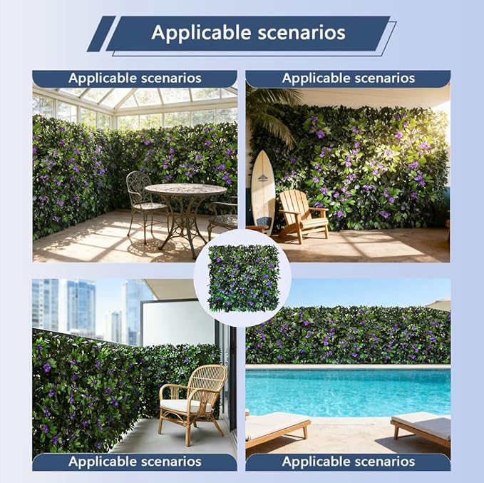 Expandable Privacy Screen with Artificial Flower for Balcony Patio Fence Greenery Privacy Fence Outdoor Leafy Purple Flowers 2pcs