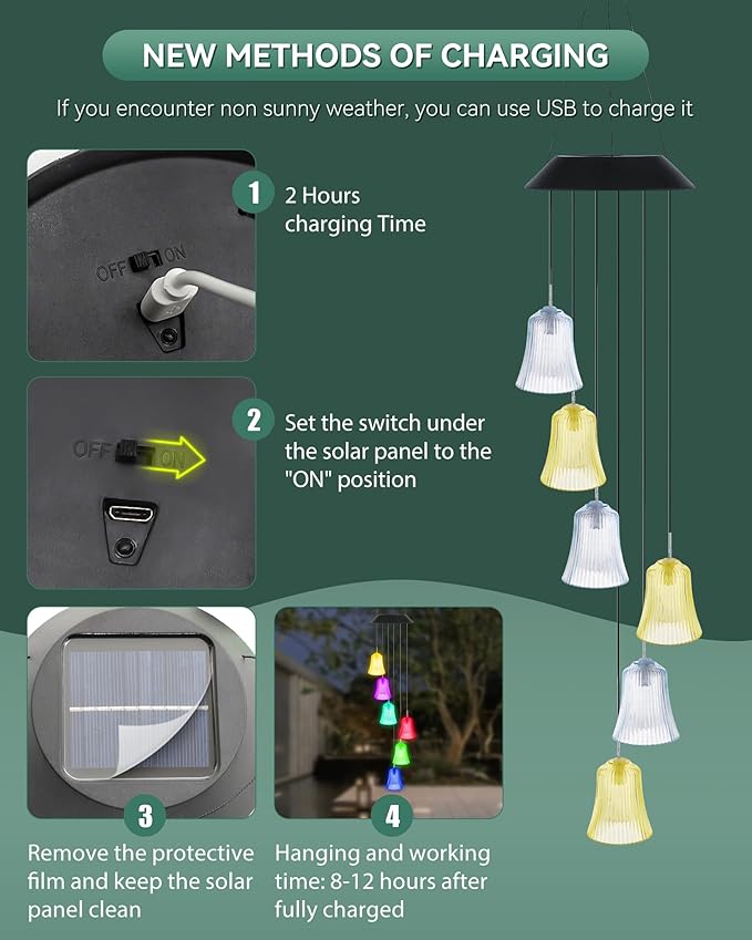 DOUBLEZHE Solar Wind Chimes for Outside, Color Changing Bell Wind Chimes, Birthday Gifts for Women Mom Grandma, Waterproof Outdoor LED Decoration Mobile Light for Garden Patio Yard Party Window Decor