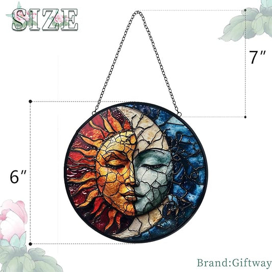 Sun and Moon Decor Suncatcher Stained Glass Window Hanging - Handmade Stained Glass Suncatchers Hanging Decoration with Metal Chain - Outdoor Garden Decor Gift for Women Christmas Thanksgiving Gifts