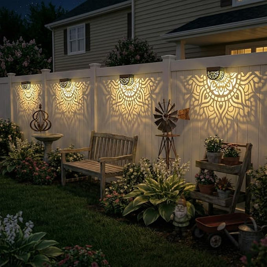 4 Pack Solar Fence Lights Outdoor Wall Lights Plastic Solar Powered Deck Step Stair Lights Mandala Theme Waterproof Fence Solar Light for Garden Post Patio Yard Decor, Gardening Gifts for Women Mom