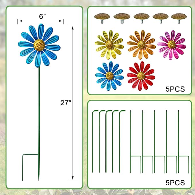 Wind Spinners Garden Decor,5 Pack Colorful Daisy Garden Stakes for Outdoor Decorations,Metal Wind Spinner Yard Stake for Patio,Lawn
