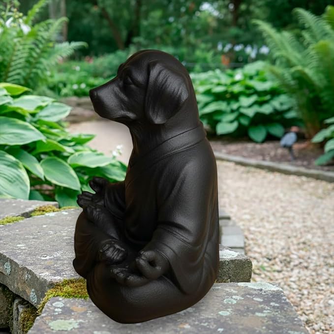 OLOMA Zen Meditating Dog Garden Statue Solid Concrete Stone Sculpture with Protective Resin Coating Durable Heavy Outdoor Indoor Decorative Accent for Lawn Patio Spiritual Meditation Space Display