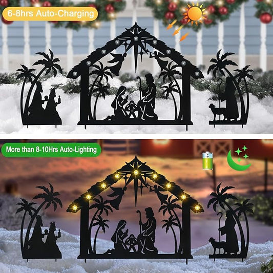 Solar Nativity Scene Outdoor,3Pack Lighted Outdoor Christmas Decorations,Metal Silhouette Nativity Set Outside for Yard Garden Stake