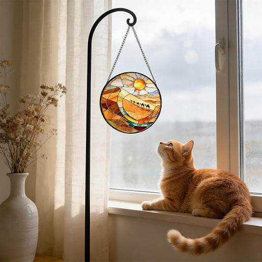 7.8 Inch Stained Glass Window Hanging Desert and Camel Suncatcher Decor for Birthday for Women, Men, Wife, Aunt, and Mom