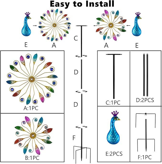 65 Inch Colorful Peacock Wind Spinner Outdoor, Two-Sided Windmill for Yard with Vibrant Front & Solid Blue Back, Large Metal Garden Wind Spinners and Statement Outdoor Garden Decor
